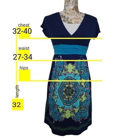 Blue Paisley Floral Retro Pattern Stretch Dress - Picture 3 of 5
